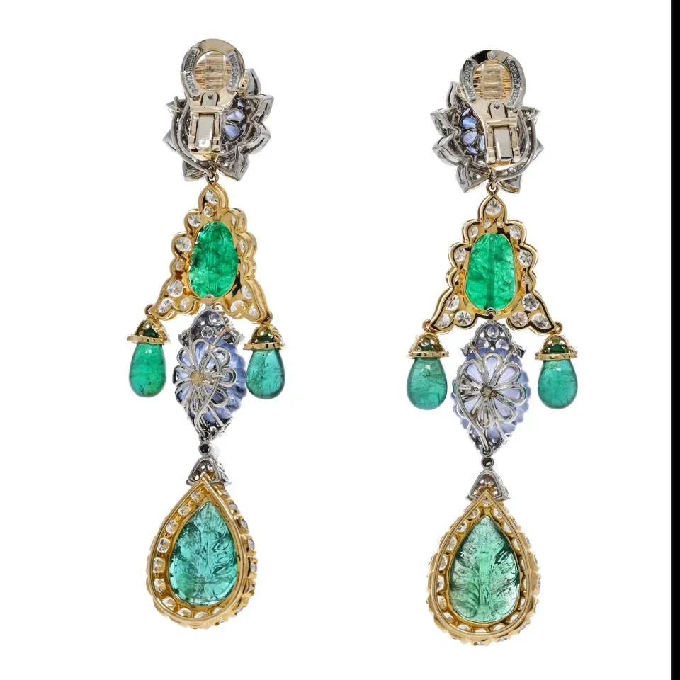 David Webb Girandole Carved Emerald And Diamond Dangle Earrings — view 4 — Laura Milman New York