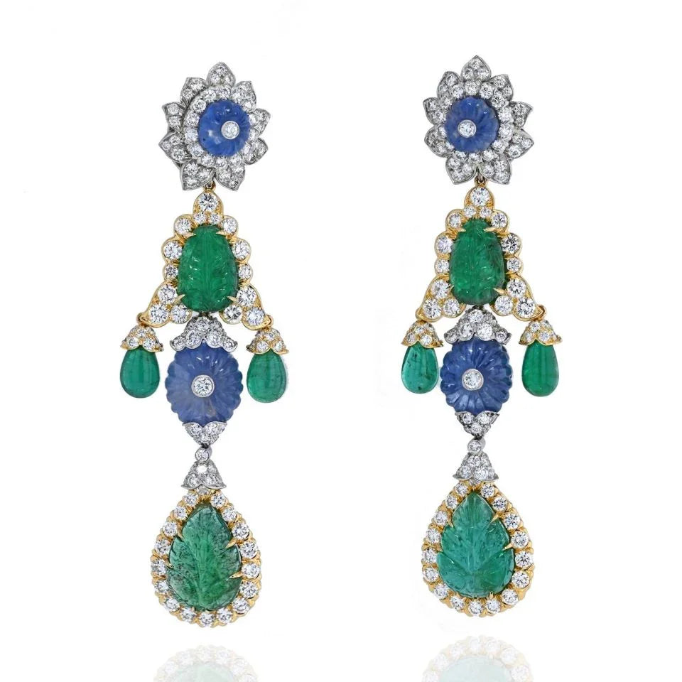David Webb Girandole Carved Emerald And Diamond Dangle Earrings — Laura Milman New York