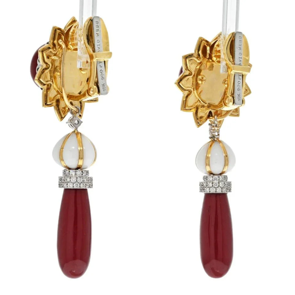 David Webb Platinum & 18K Yellow Gold Coral Drop Day To Night Dangling Earrings — view 3 — Laura Milman New York