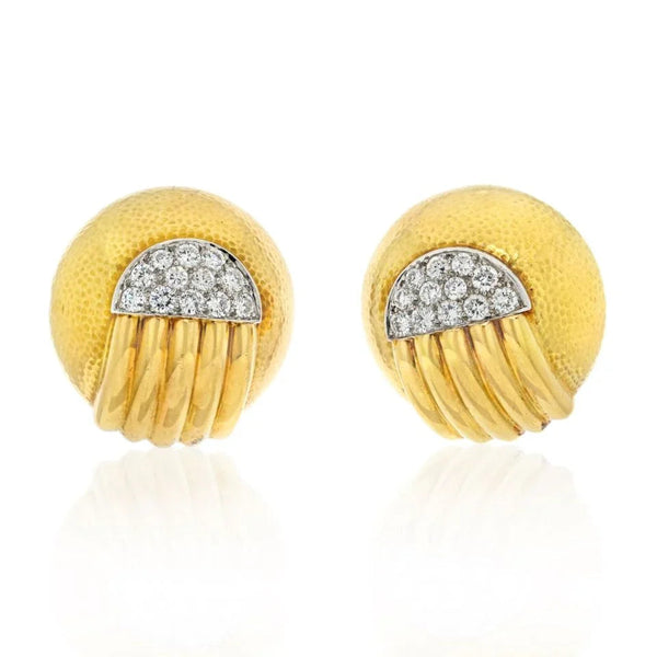 David Webb Platinum & 18K Yellow Gold Diamond Dome Round Clip On Earrings