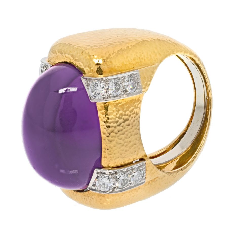 David Webb Platinum & 18K Yellow Gold Cabochon Amethyst And Diamond Cocktail Ring — view 5 — Laura Milman New York