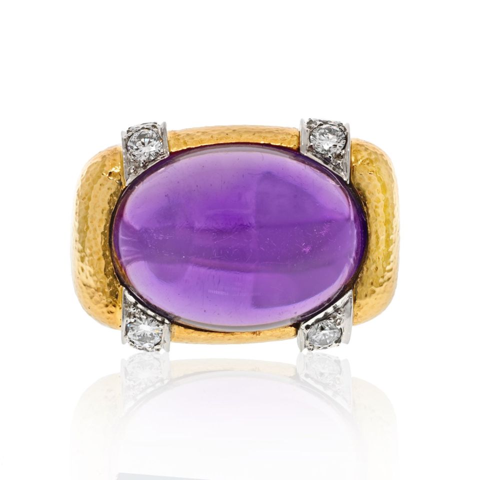 David Webb Platinum & 18K Yellow Gold Cabochon Amethyst And Diamond Cocktail Ring — Laura Milman New York