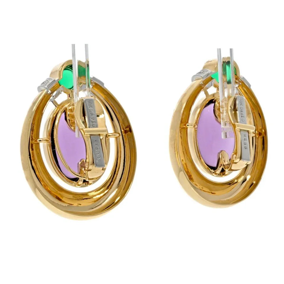 David Webb Platinum & 18K Yellow Gold Amethyst And Cabochon Green Emeralds Earrings — view 3 — Laura Milman New York