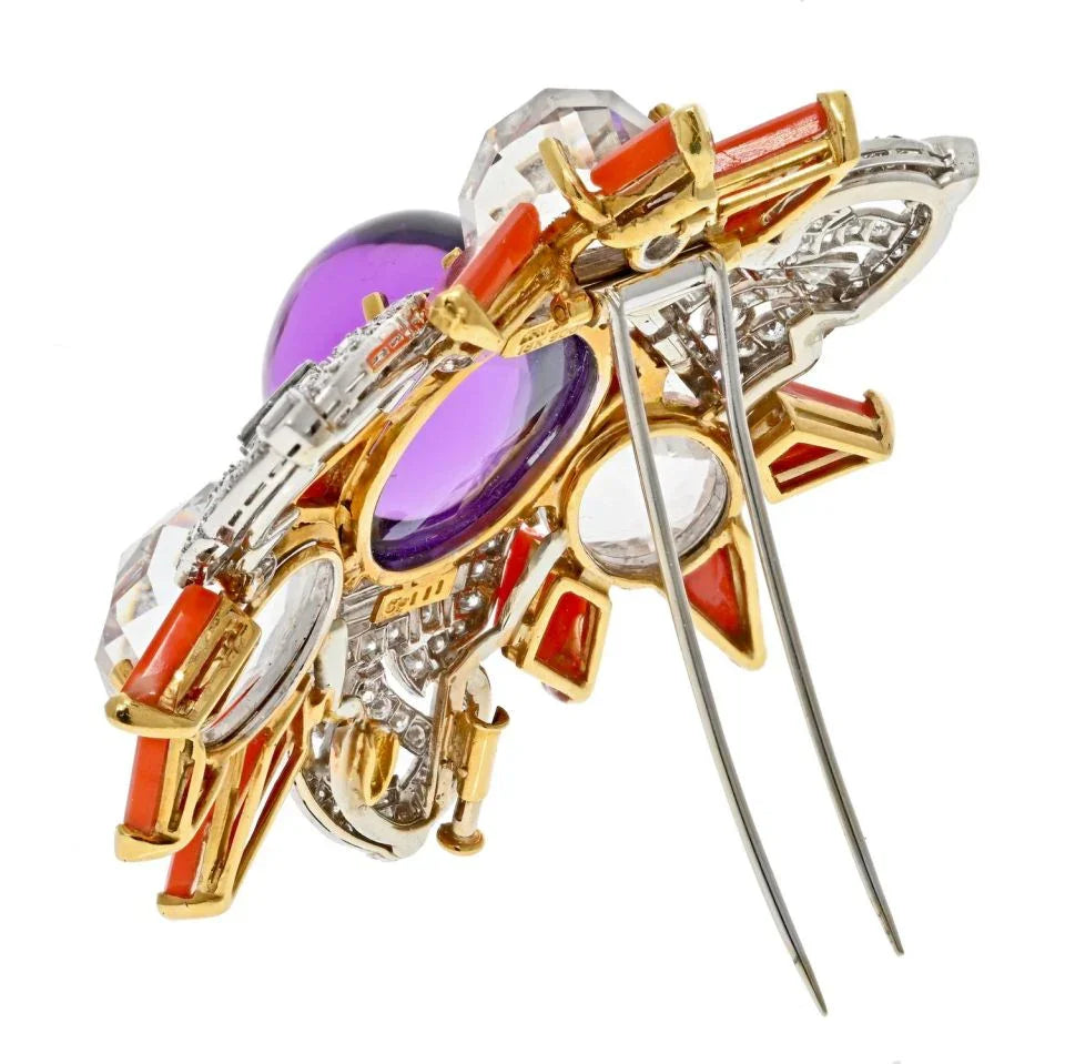 David Webb Platinum & 18K Yellow Gold Amethyst, Coral And Rock Crystal Star Brooch — view 3 — Laura Milman New York