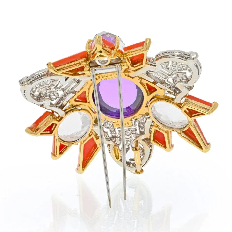 David Webb Platinum & 18K Yellow Gold Amethyst, Coral And Rock Crystal Star Brooch — view 4 — Laura Milman New York