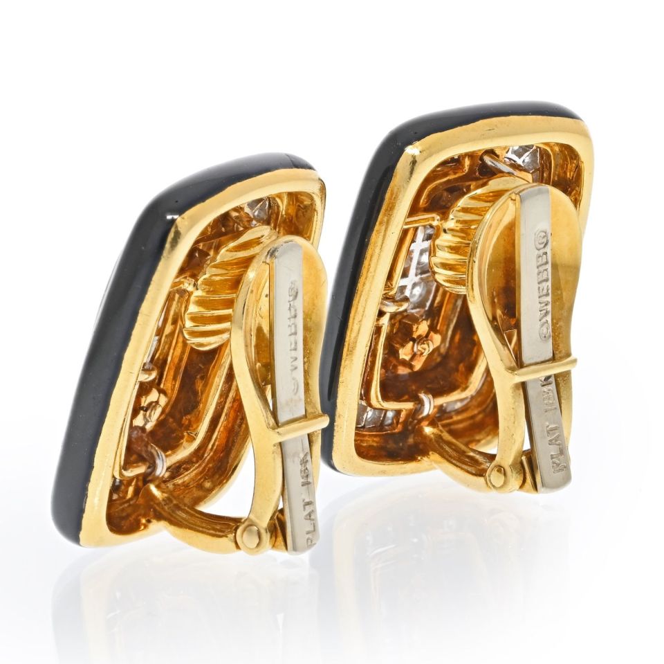 David Webb Platinum & 18K Yellow Gold Diamond And Black Enamel Clip On Earrings — view 3 — Laura Milman New York