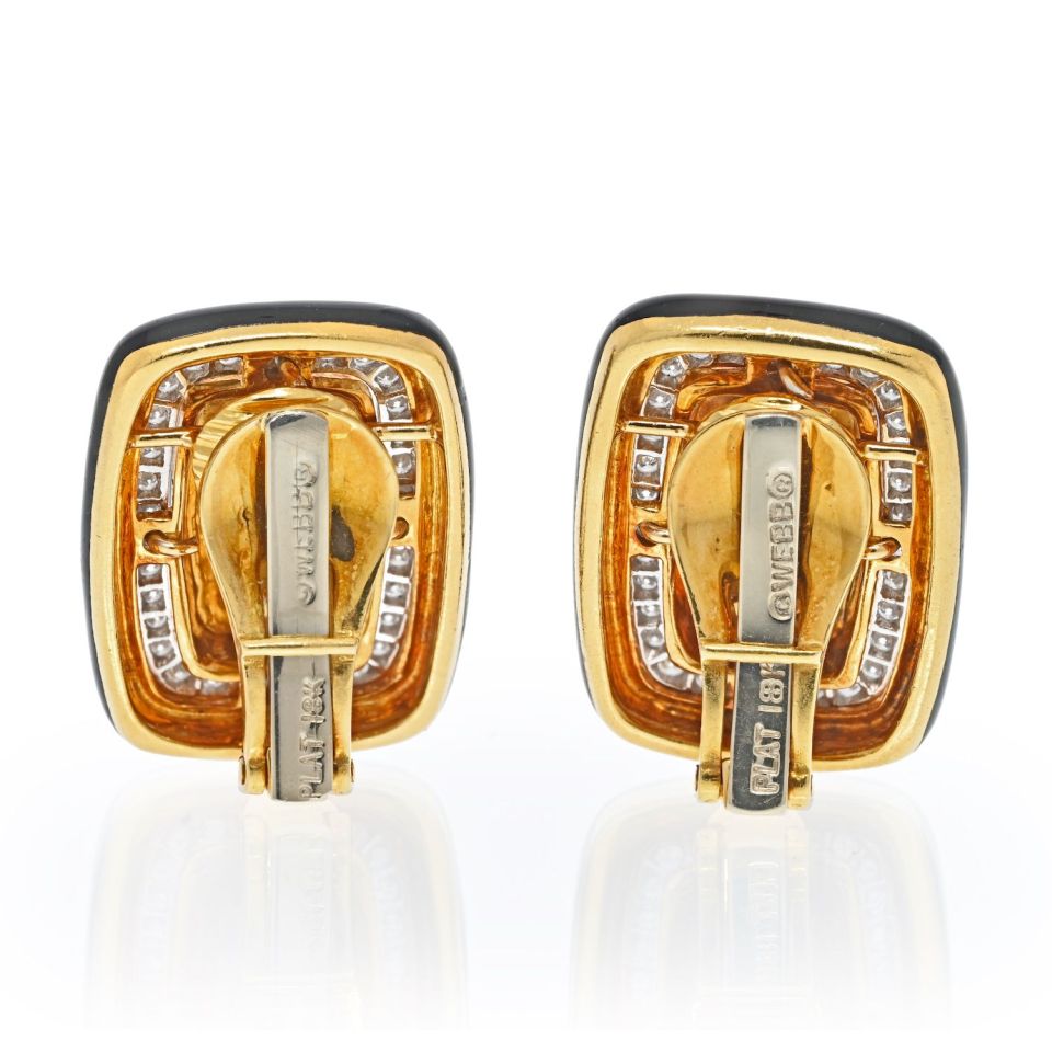 David Webb Platinum & 18K Yellow Gold Diamond And Black Enamel Clip On Earrings — view 4 — Laura Milman New York