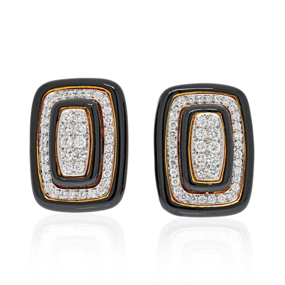 David Webb Platinum & 18K Yellow Gold Diamond And Black Enamel Clip On Earrings — Laura Milman New York