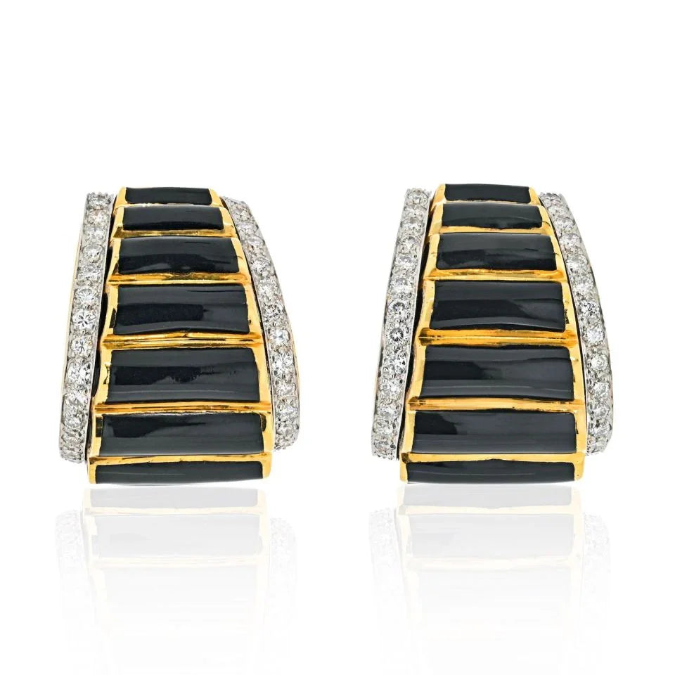 David Webb Platinum & 18K Yellow Gold Black Enamel Diamond Fluted Shrimp Style Clip Earrings — view 2 — Laura Milman New York