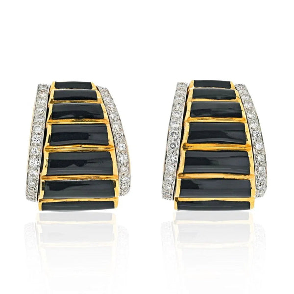 David Webb Platinum & 18K Yellow Gold Black Enamel Diamond Fluted Shrimp Style Clip Earrings — view 2