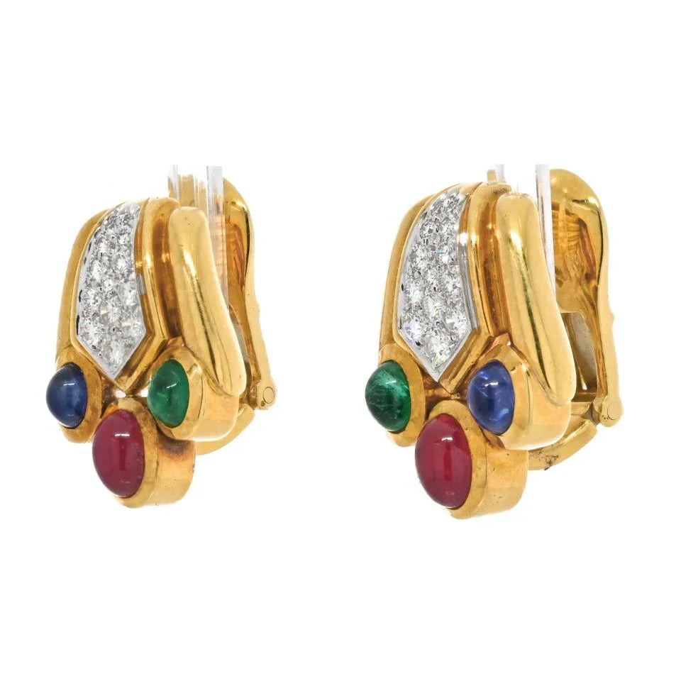 David Webb 18K Yellow Gold Diamond, Emerald, Sapphire And Green Earrings — view 2 — Laura Milman New York