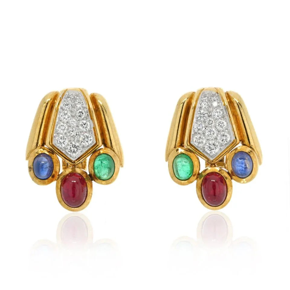 David Webb 18K Yellow Gold Diamond, Emerald, Sapphire And Green Earrings — Laura Milman New York