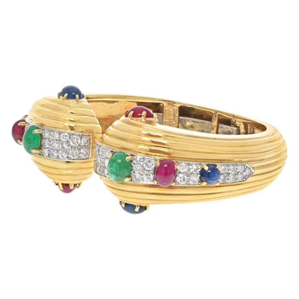 David Webb 18K Yellow Gold Diamond, Cabochon Oval Cut Emerald, Ruby Sapphire Hinged Bracelet — view 2 — Laura Milman New York