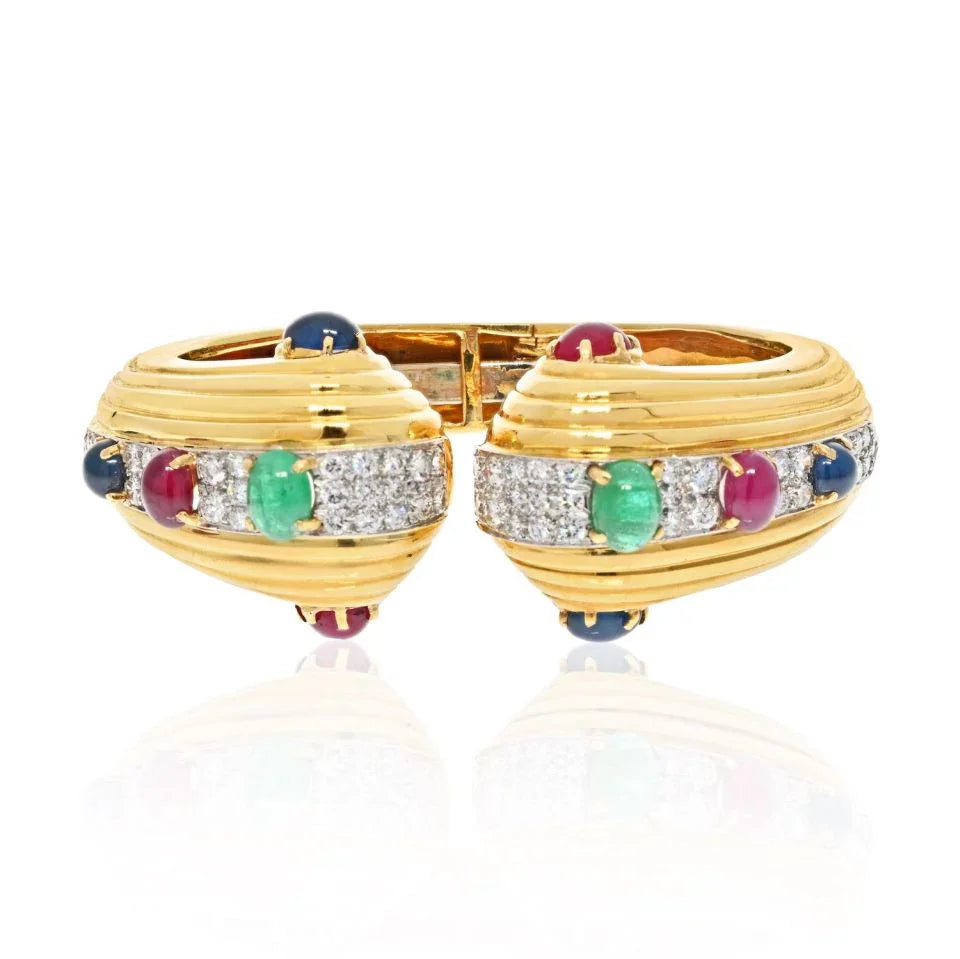David Webb 18K Yellow Gold Diamond, Cabochon Oval Cut Emerald, Ruby Sapphire Hinged Bracelet — Laura Milman New York
