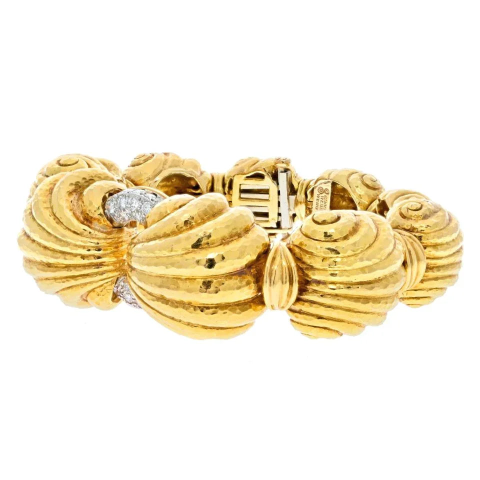 David Webb Platinum & 18K Yellow Gold Escargot Fluted Round Gold Link Bracelet — view 2 — Laura Milman New York