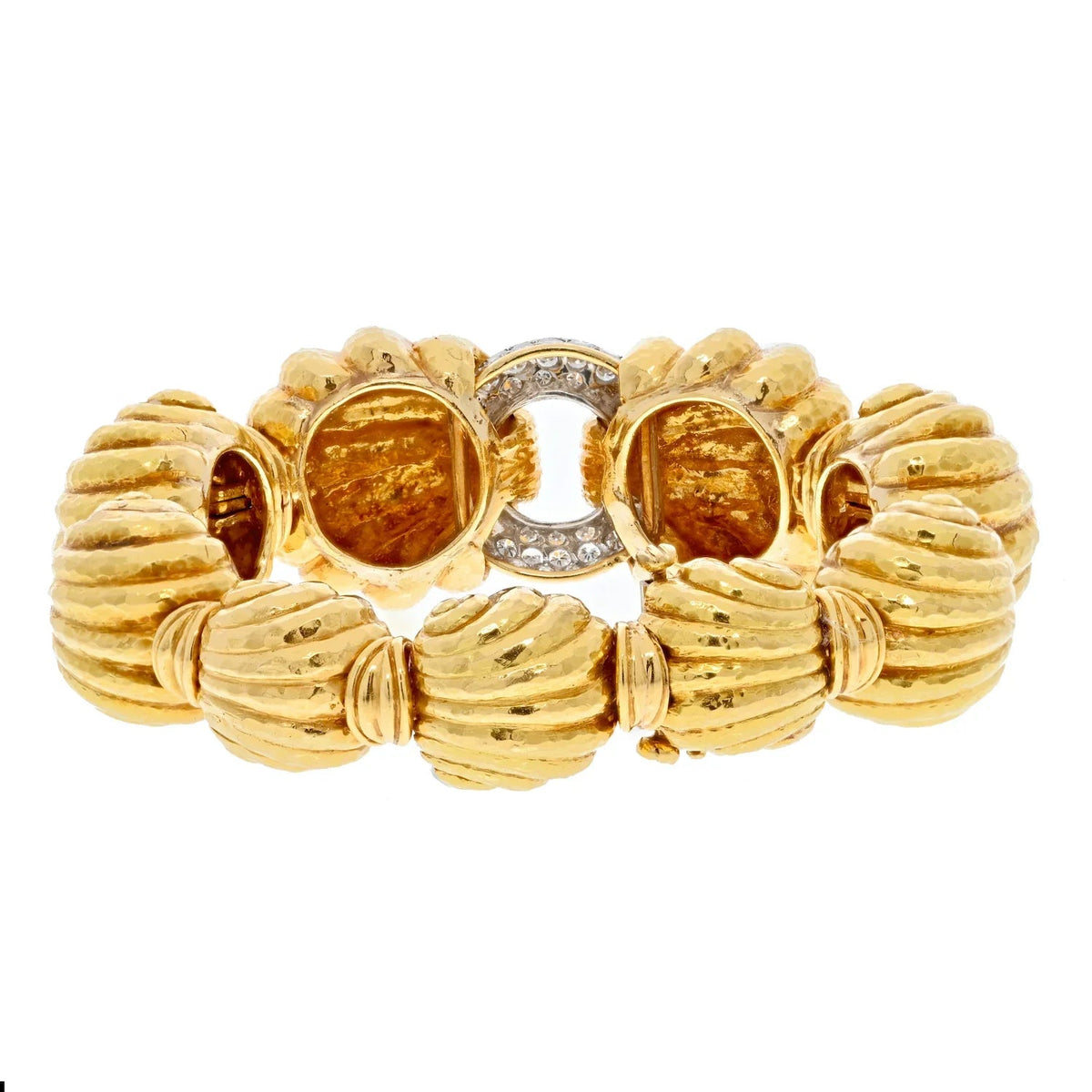 David Webb Platinum & 18K Yellow Gold Escargot Fluted Round Gold Link Bracelet — view 6 — Laura Milman New York