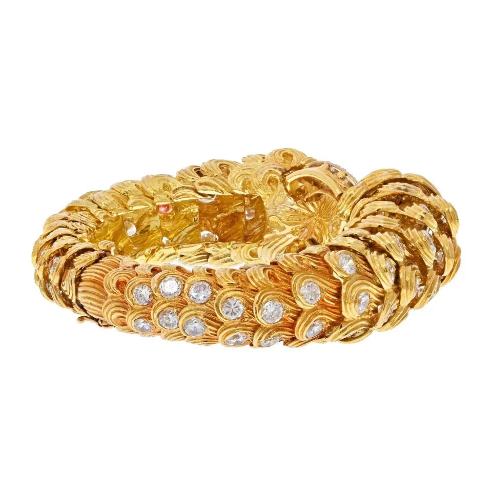David Webb Platinum & 18K Yellow Gold 21 Carats Scroll Diamond Textured Bracelet — view 3 — Laura Milman New York