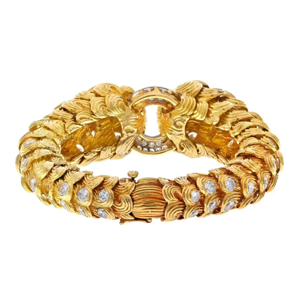 David Webb Platinum & 18K Yellow Gold 21 Carats Scroll Diamond Textured Bracelet — view 4 — Laura Milman New York