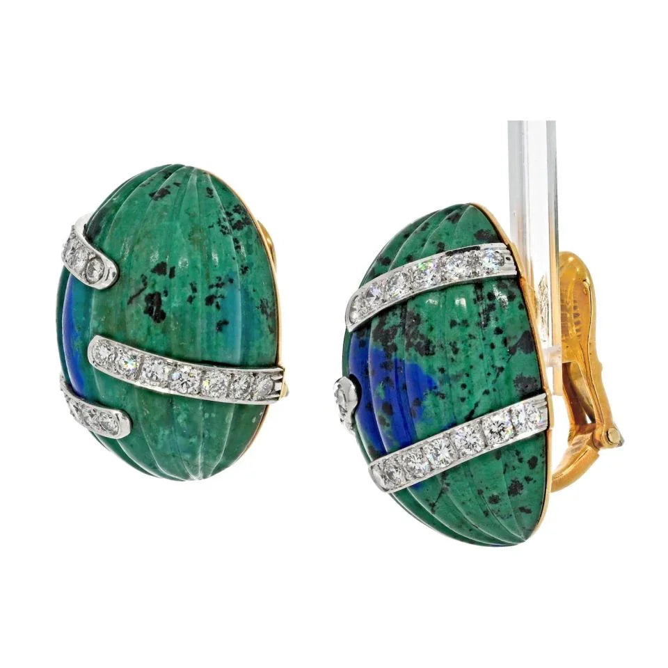 David Webb Platinum & 18K Yellow Gold Azurmalachite And Diamond Bombe Fluted Clip Earrings — view 2 — Laura Milman New York