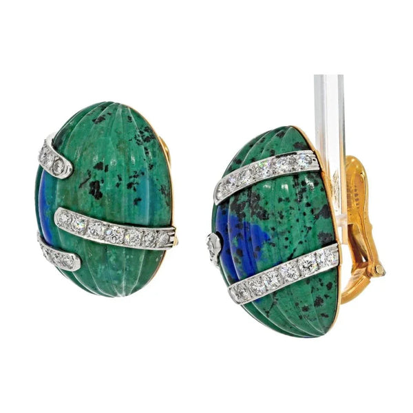 David Webb Platinum & 18K Yellow Gold Azurmalachite And Diamond Bombe Fluted Clip Earrings — view 2