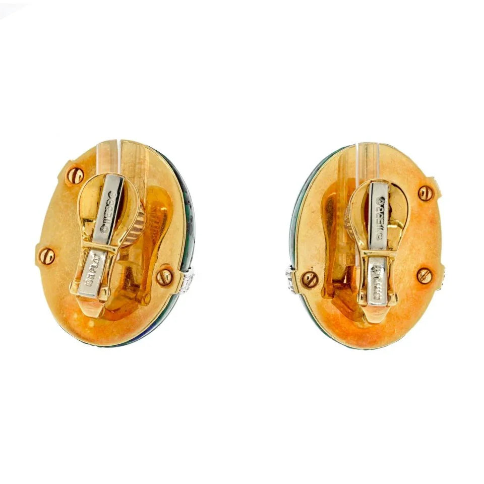 David Webb Platinum & 18K Yellow Gold Azurmalachite And Diamond Bombe Fluted Clip Earrings — view 4 — Laura Milman New York
