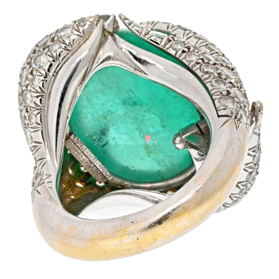 David Webb Platinum Cabochon Cut Green Emerald And Diamond Ring — view 4 — Laura Milman New York