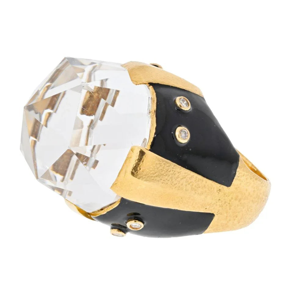 David Webb Platinum & 18K Yellow Gold Rock Crystal Black Enamel Diamond Ring — view 3 — Laura Milman New York