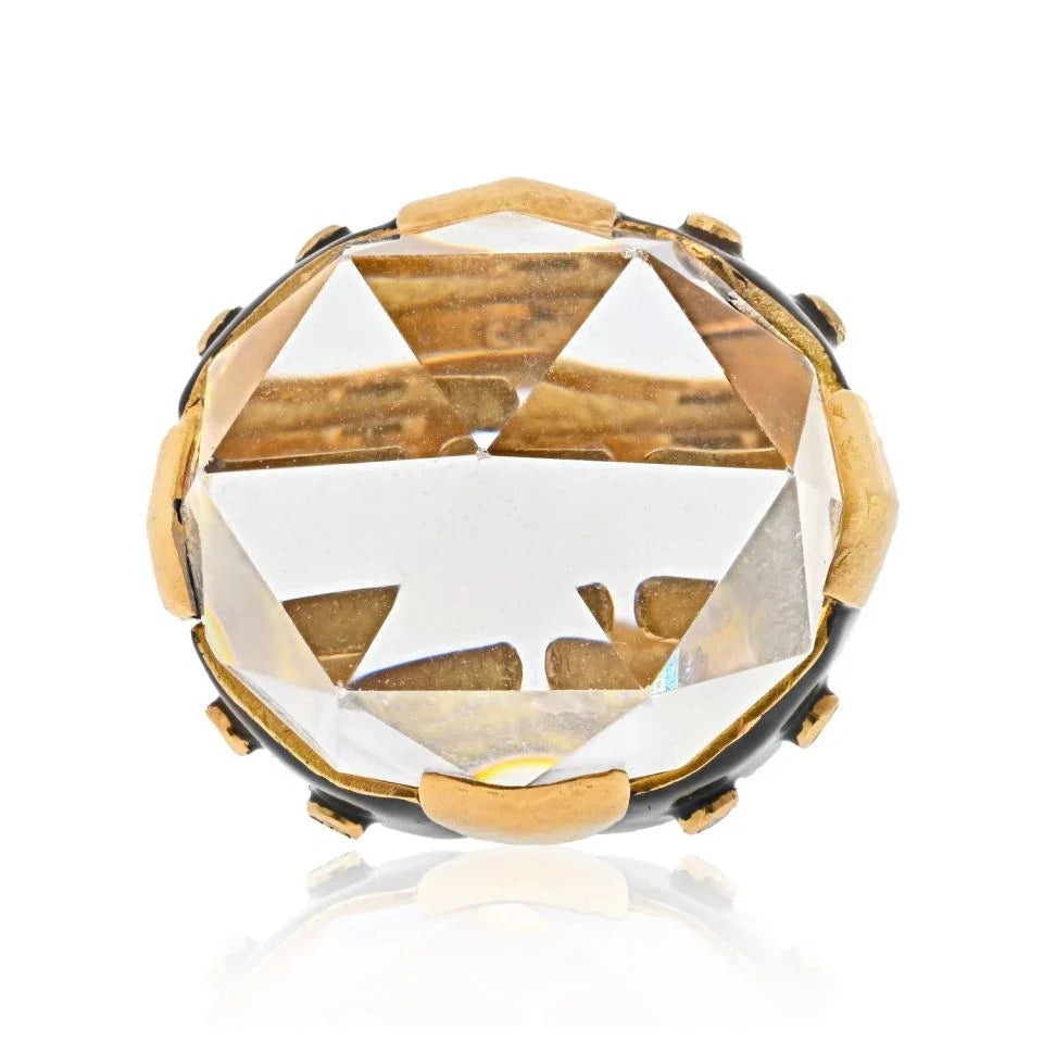 David Webb Platinum & 18K Yellow Gold Rock Crystal Black Enamel Diamond Ring — Laura Milman New York