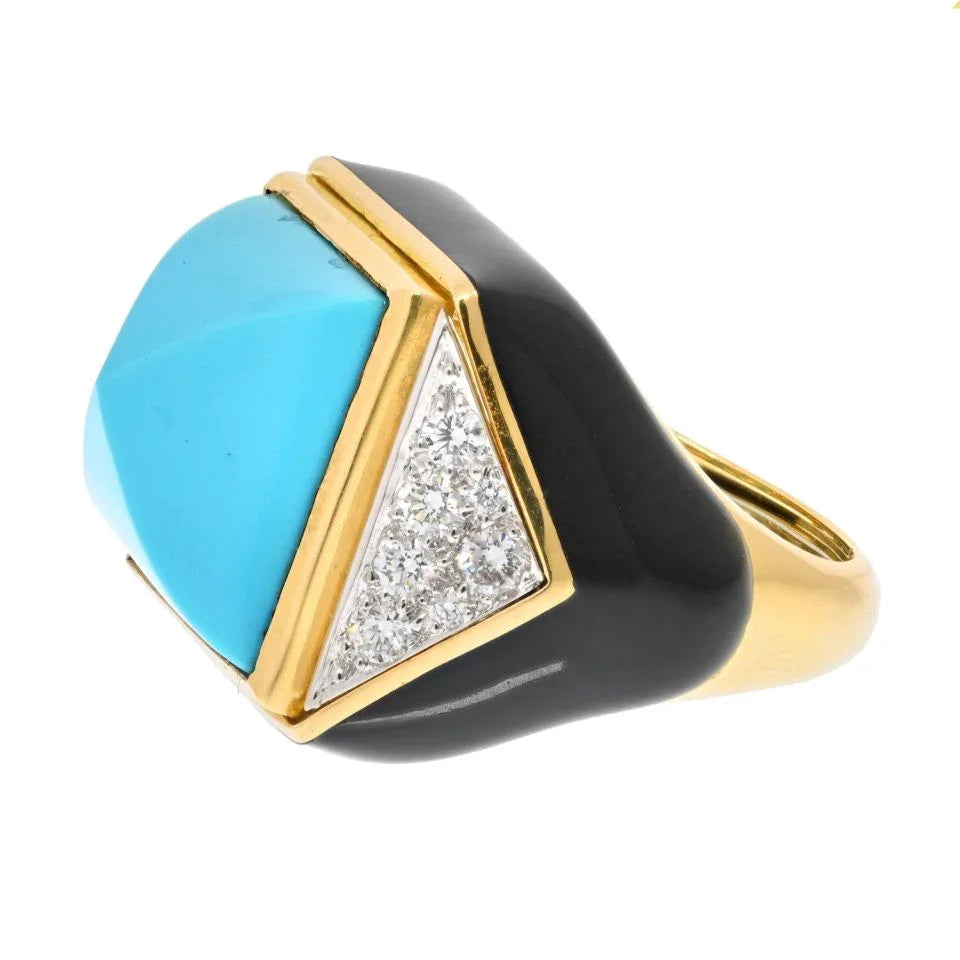 David Webb Platinum & 18K Yellow Gold Summit Turquoise And Diamond Ring — view 2 — Laura Milman New York