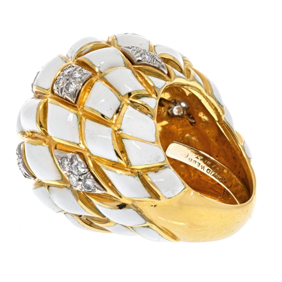 David Webb Platinum & 18K Yellow Gold White Enamel Dome Ring — view 3 — Laura Milman New York