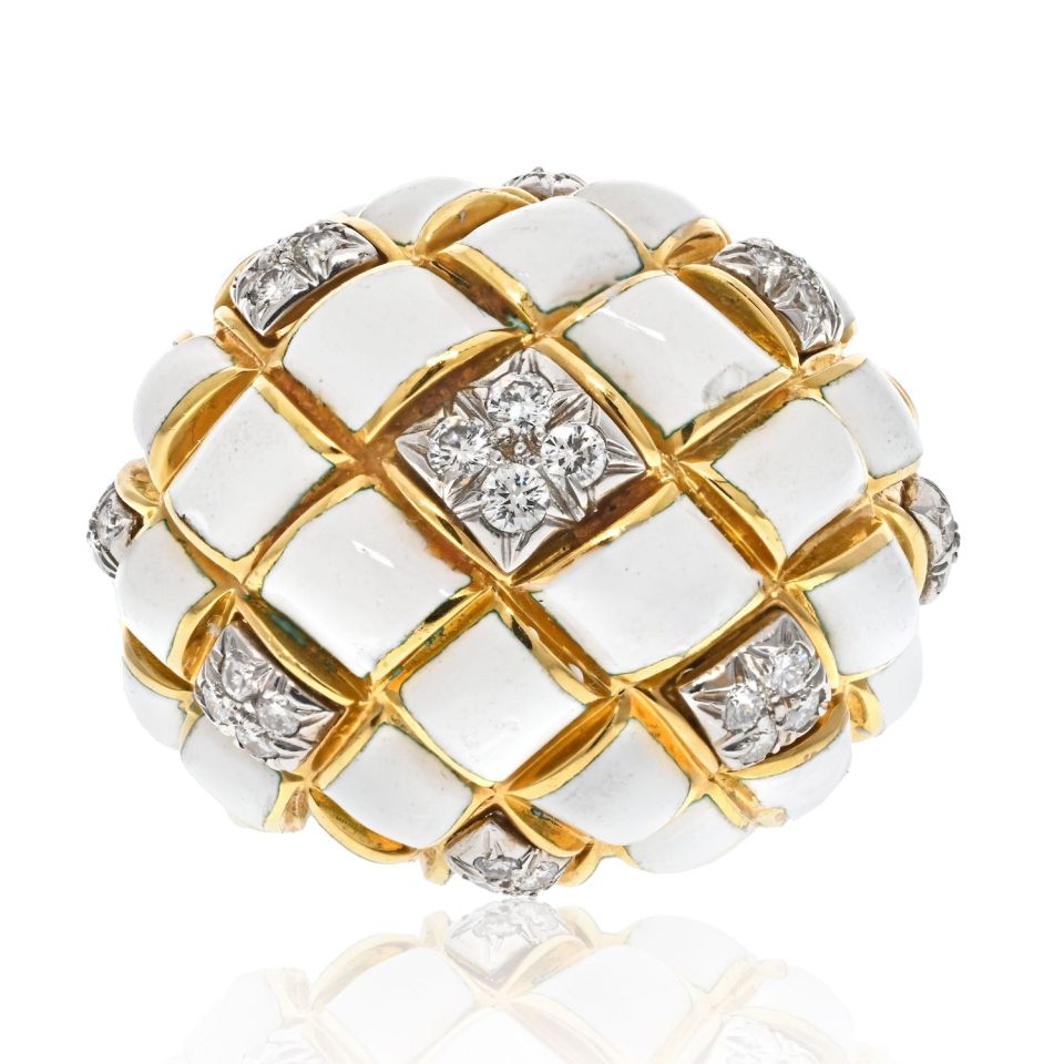 David Webb Platinum & 18K Yellow Gold White Enamel Dome Ring — Laura Milman New York