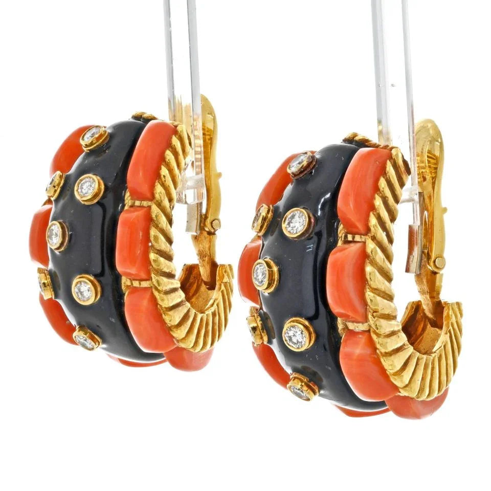 David Webb Platinum & 18K Coral, Black Enamel And Diamond Earrings — view 2 — Laura Milman New York