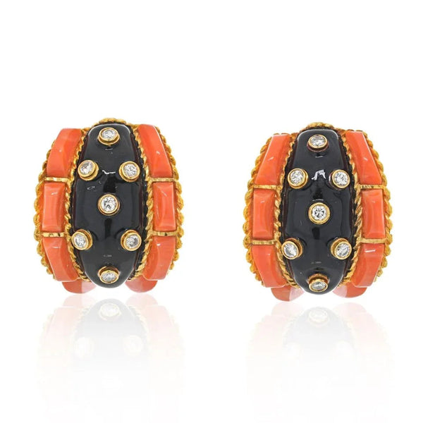David Webb Platinum & 18K Coral, Black Enamel And Diamond Earrings