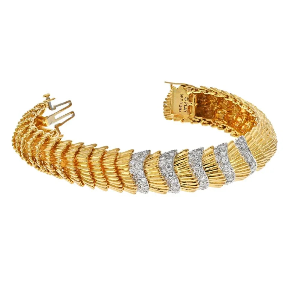 David Webb Platinum & 18K Yellow Gold Scalloped Diamond Bracelet — view 3 — Laura Milman New York