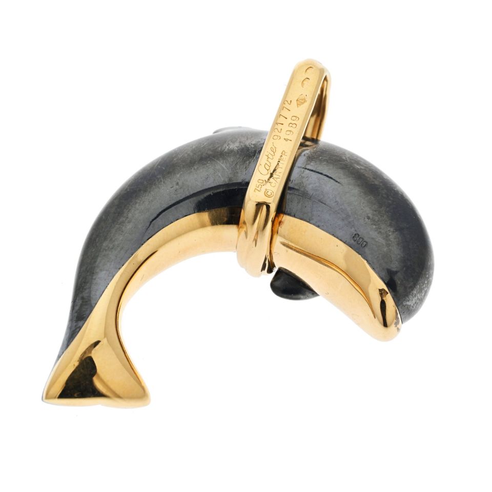 Cartier 18K Yellow Gold Hematite Dolphin Pendant with Emerald Eye, 46mm