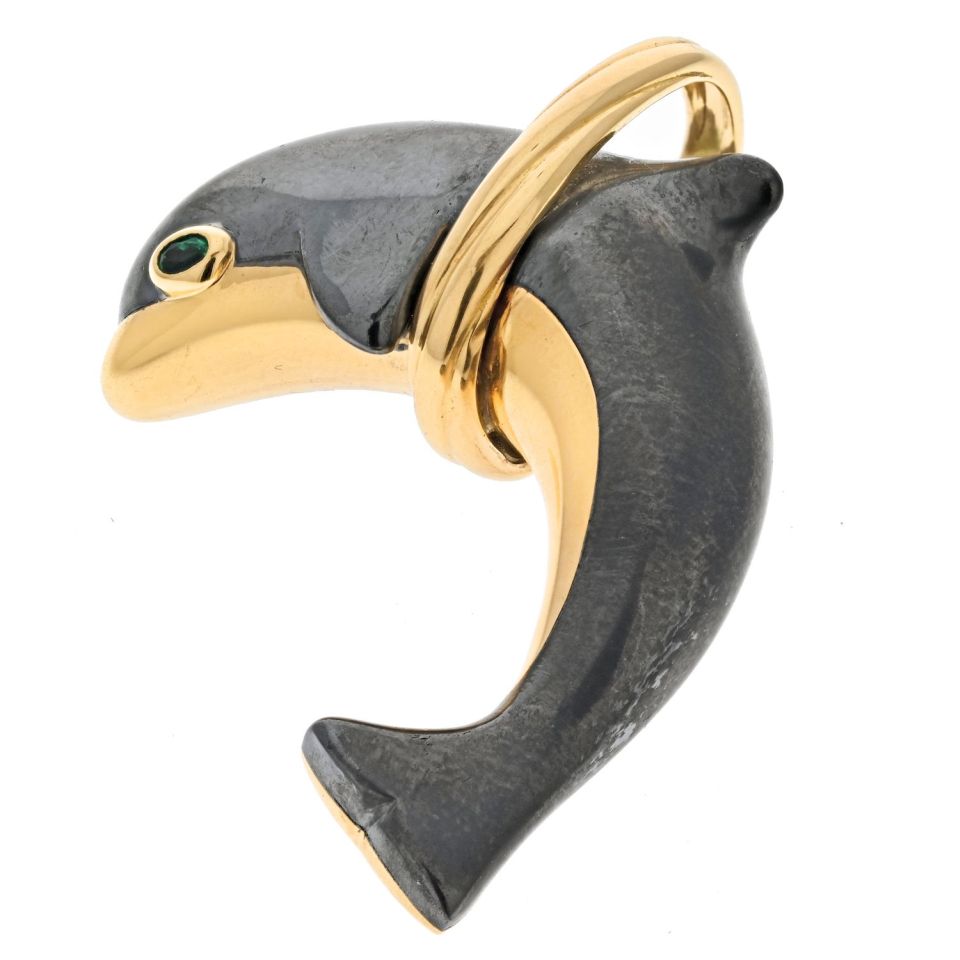 Cartier 18K Yellow Gold Hematite Dolphin Pendant with Emerald Eye, 46mm