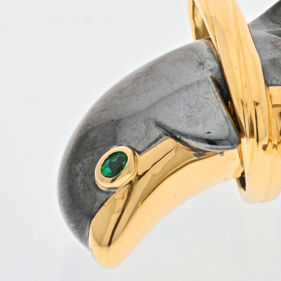Cartier 18K Yellow Gold Hematite Dolphin Pendant with Emerald Eye, 46mm