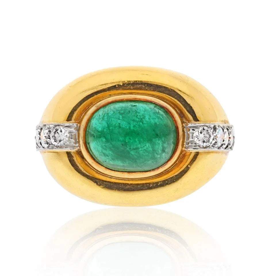 David Webb 18K Yellow Gold Cabochon Emerald Diamond Ring — Laura Milman New York