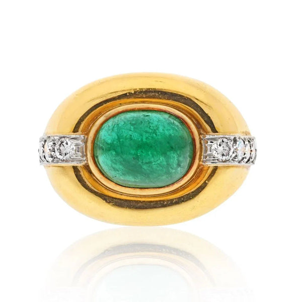 David Webb 18K Yellow Gold Cabochon Emerald Diamond Ring