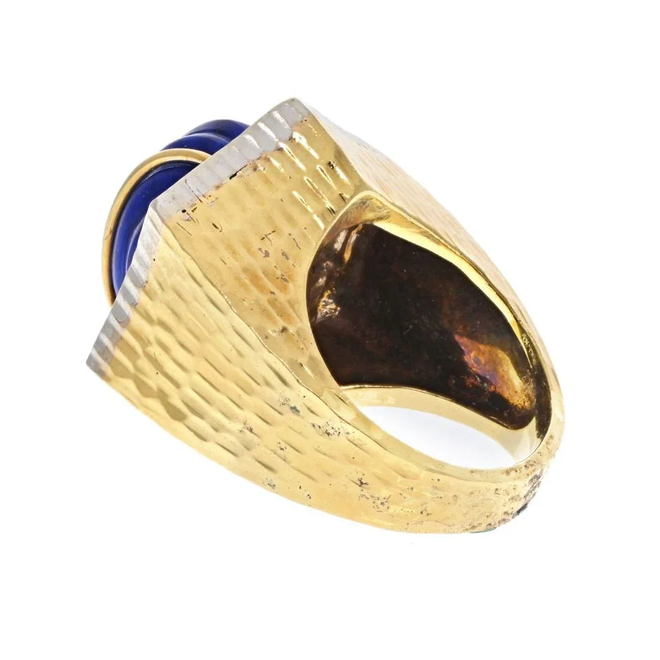 David Webb Platinum & 18K Yellow Gold Hammered Finish, Carved Lapis And Diamond Frame Ring — view 3 — Laura Milman New York