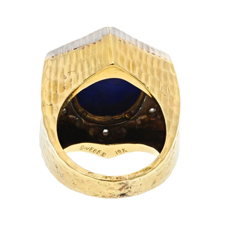 David Webb Platinum & 18K Yellow Gold Hammered Finish, Carved Lapis And Diamond Frame Ring — view 4 — Laura Milman New York
