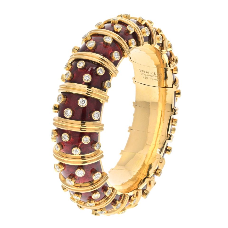 Vintage Tiffany Schlumberger 18K Gold Red Enamel Diamond Bangle