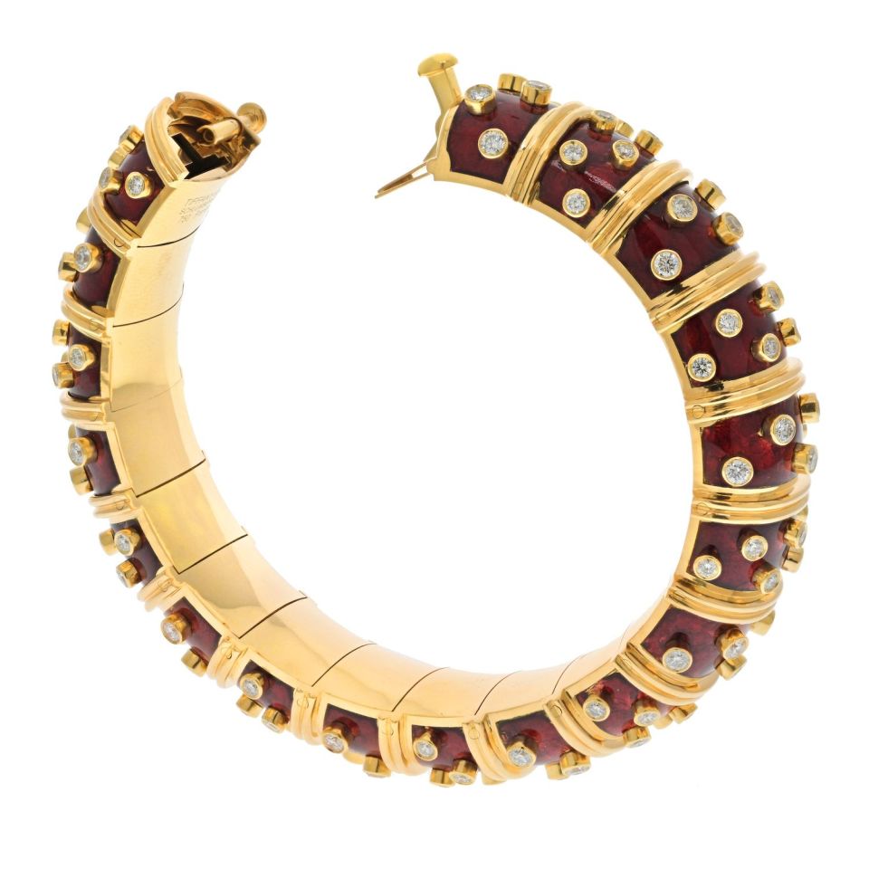 Vintage Tiffany Schlumberger 18K Gold Red Enamel Diamond Bangle