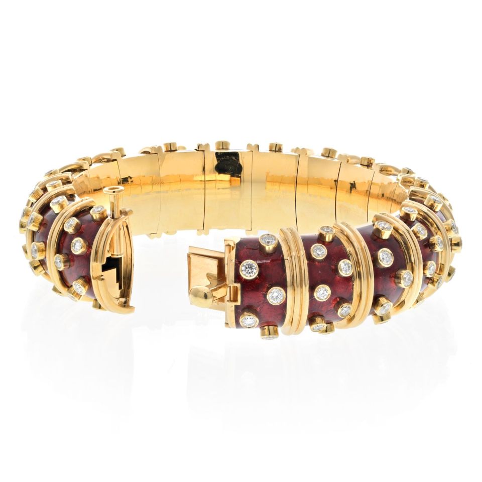 Vintage Tiffany Schlumberger 18K Gold Red Enamel Diamond Bangle