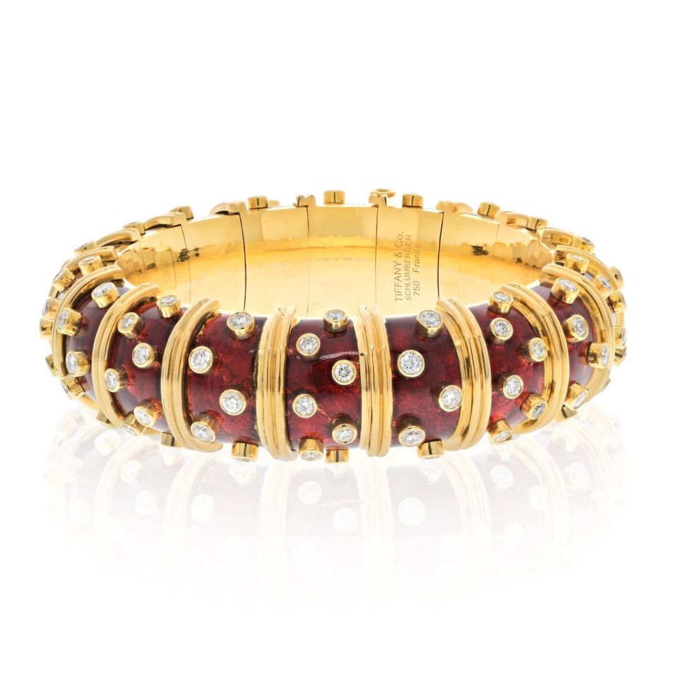 Vintage Tiffany Schlumberger 18K Gold Red Enamel Diamond Bangle