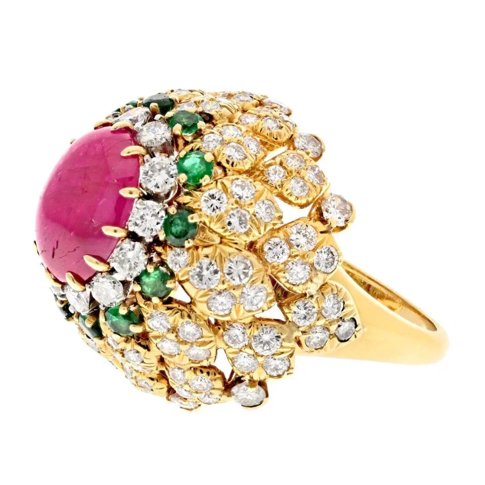 David Webb 18K Yellow Gold 1970's Ruby, Diamond And Emerald Cocktail Ring — view 2 — Laura Milman New York