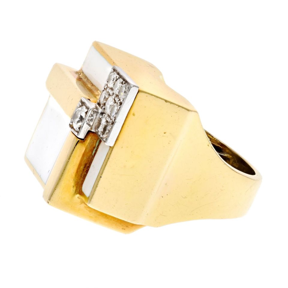 David Webb Platinum & 18K Yellow Gold Geometric White Enamel Diamond Ring — view 2 — Laura Milman New York