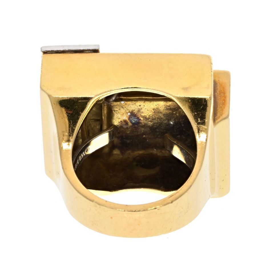 David Webb Platinum & 18K Yellow Gold Geometric White Enamel Diamond Ring — view 4 — Laura Milman New York
