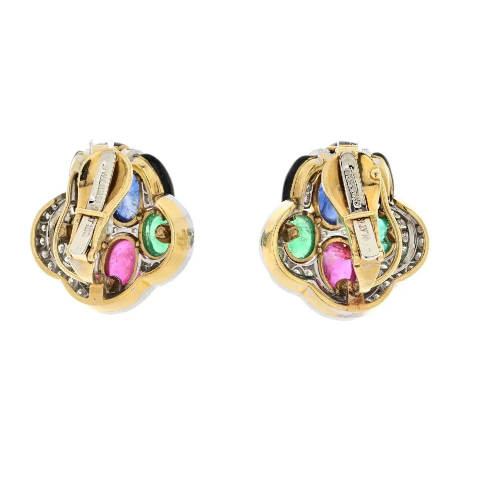 David Webb 18K Yellow Gold Black Enamel Diamond Sapphire Emerald Ruby Earrings — view 4 — Laura Milman New York
