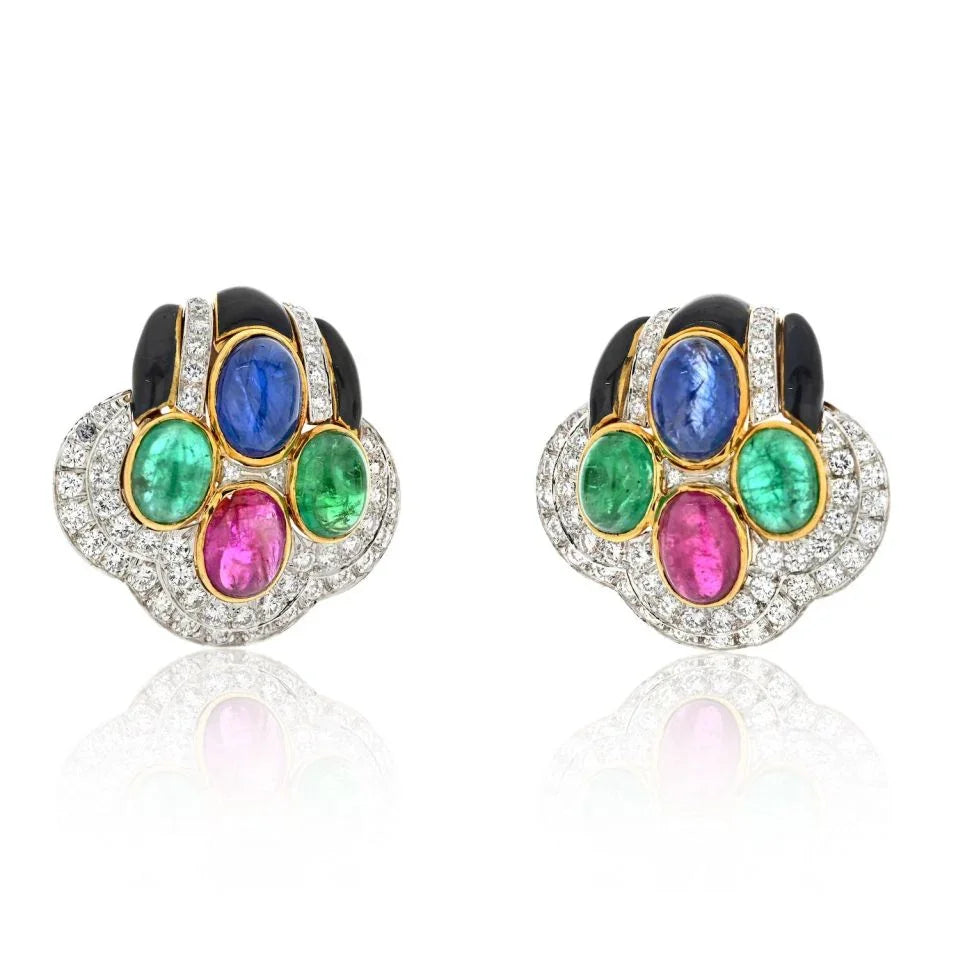 David Webb 18K Yellow Gold Black Enamel Diamond Sapphire Emerald Ruby Earrings — Laura Milman New York